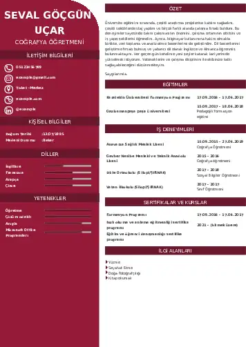 Coğrafya Öğretmeni CV Örnekleri cv indir
